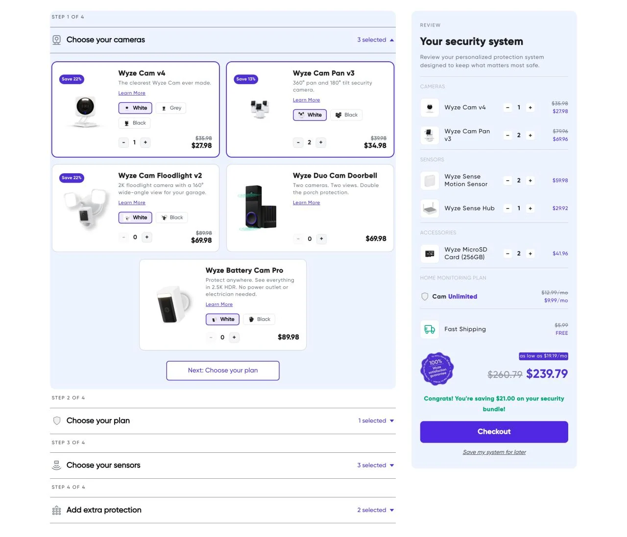 Security product configurator with cameras, variant controls and a live order summary