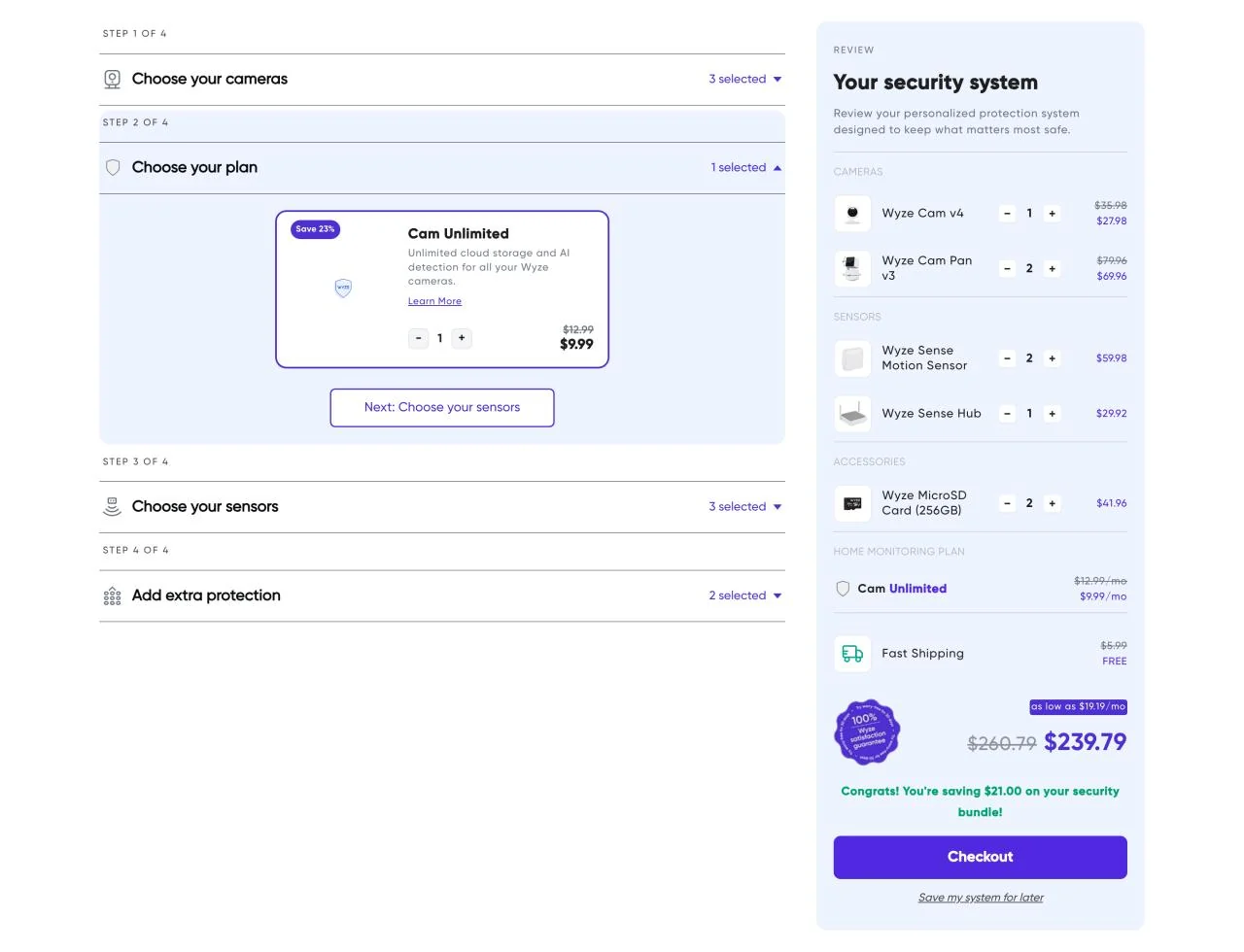 Configurator plan selection and updated order summary