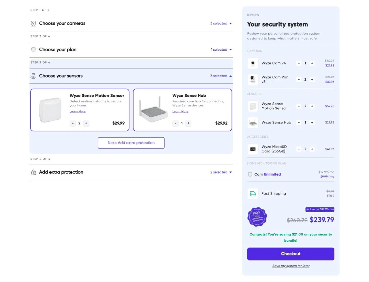 Configurator showing sensor options and the configured bundle