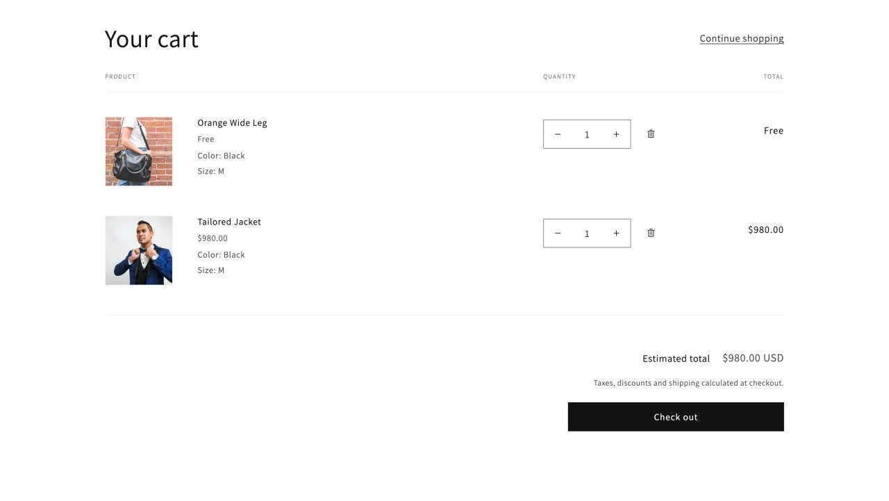 Shopping cart with products selected from the lookbook
