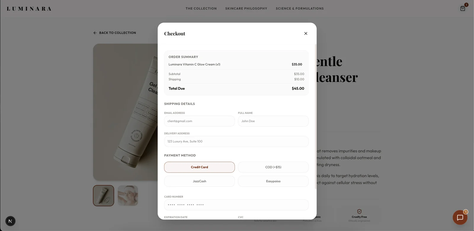 Luminara demo checkout interface with order summary and shipping fields
