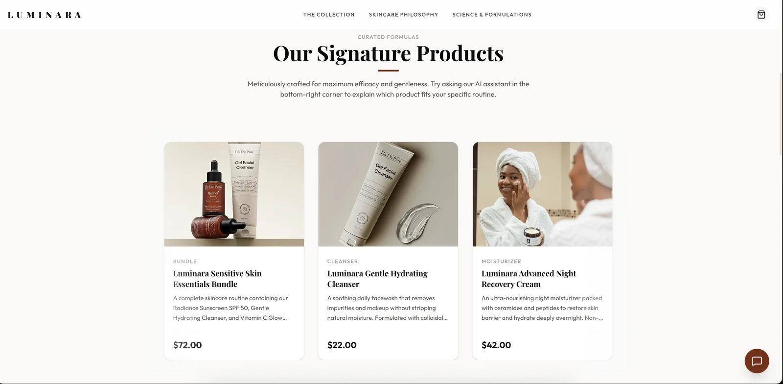 Luminara product collection with skincare bundles, cleansers and moisturizers