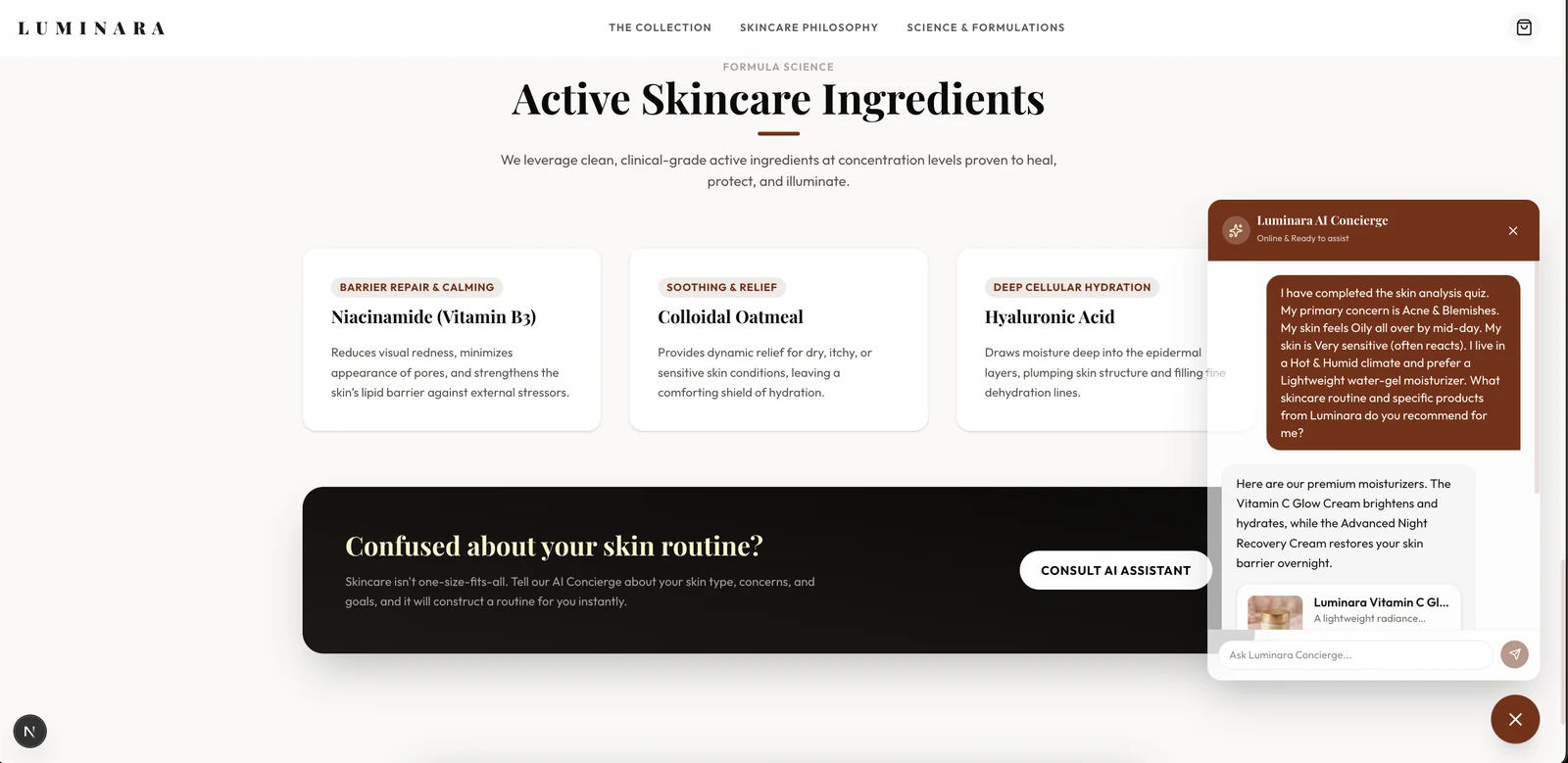 Luminara AI concierge displaying a conversation and product recommendations