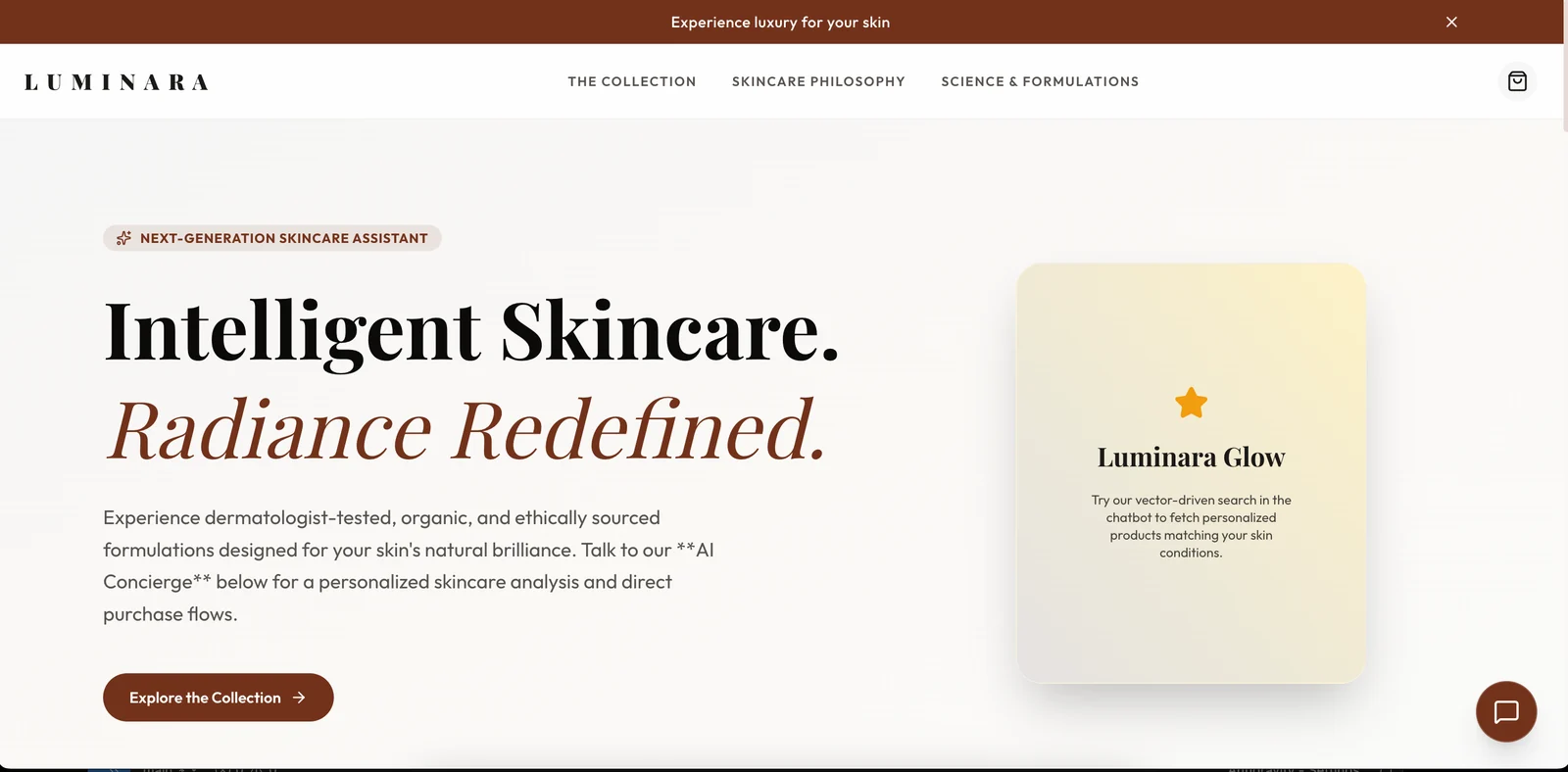 Luminara skincare storefront homepage with its AI concierge launcher