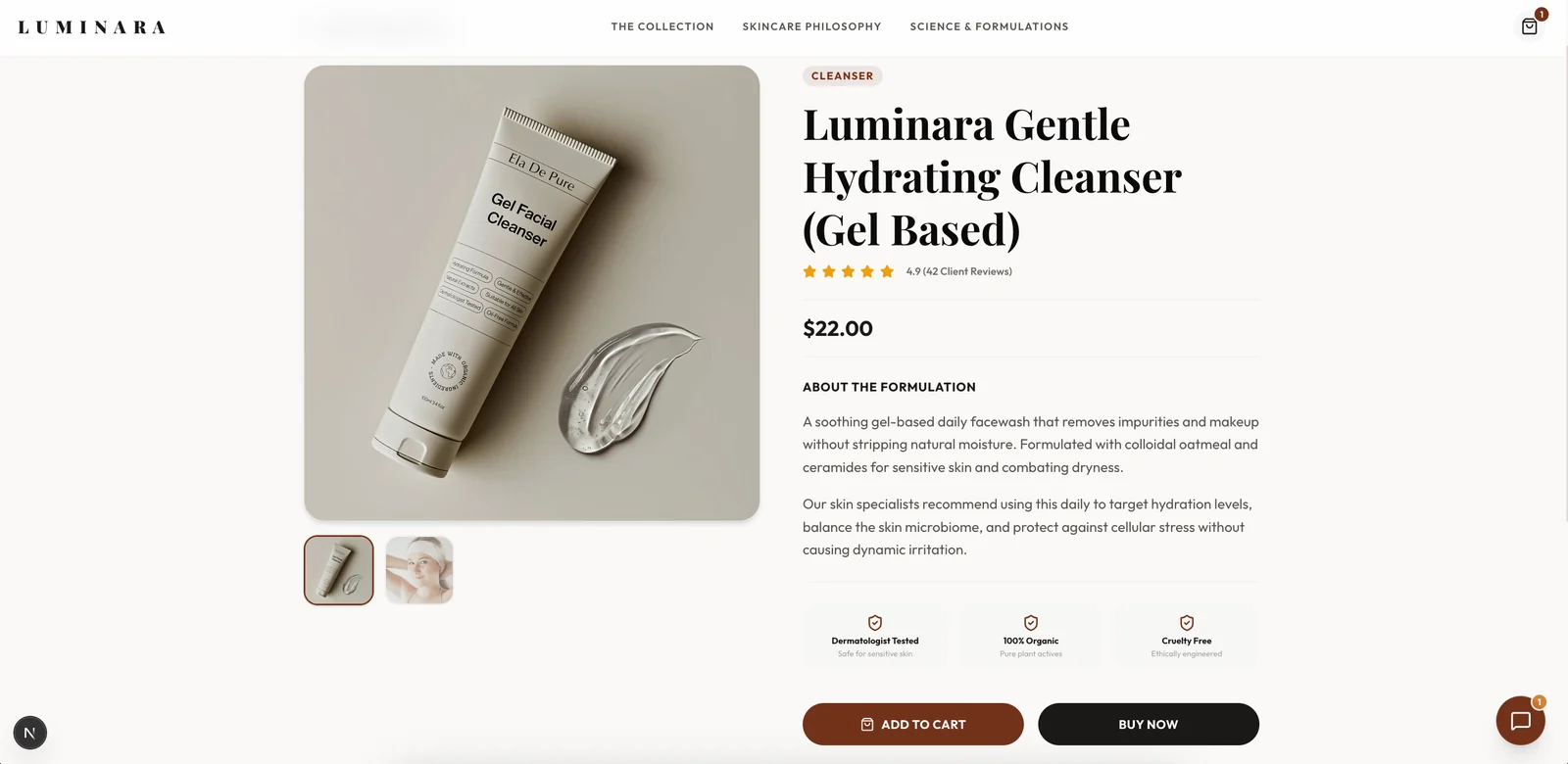 Luminara cleanser detail view with image gallery and cart actions