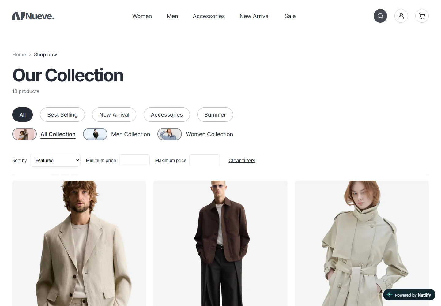 Nueve product catalog with audience, collection, price and sorting controls