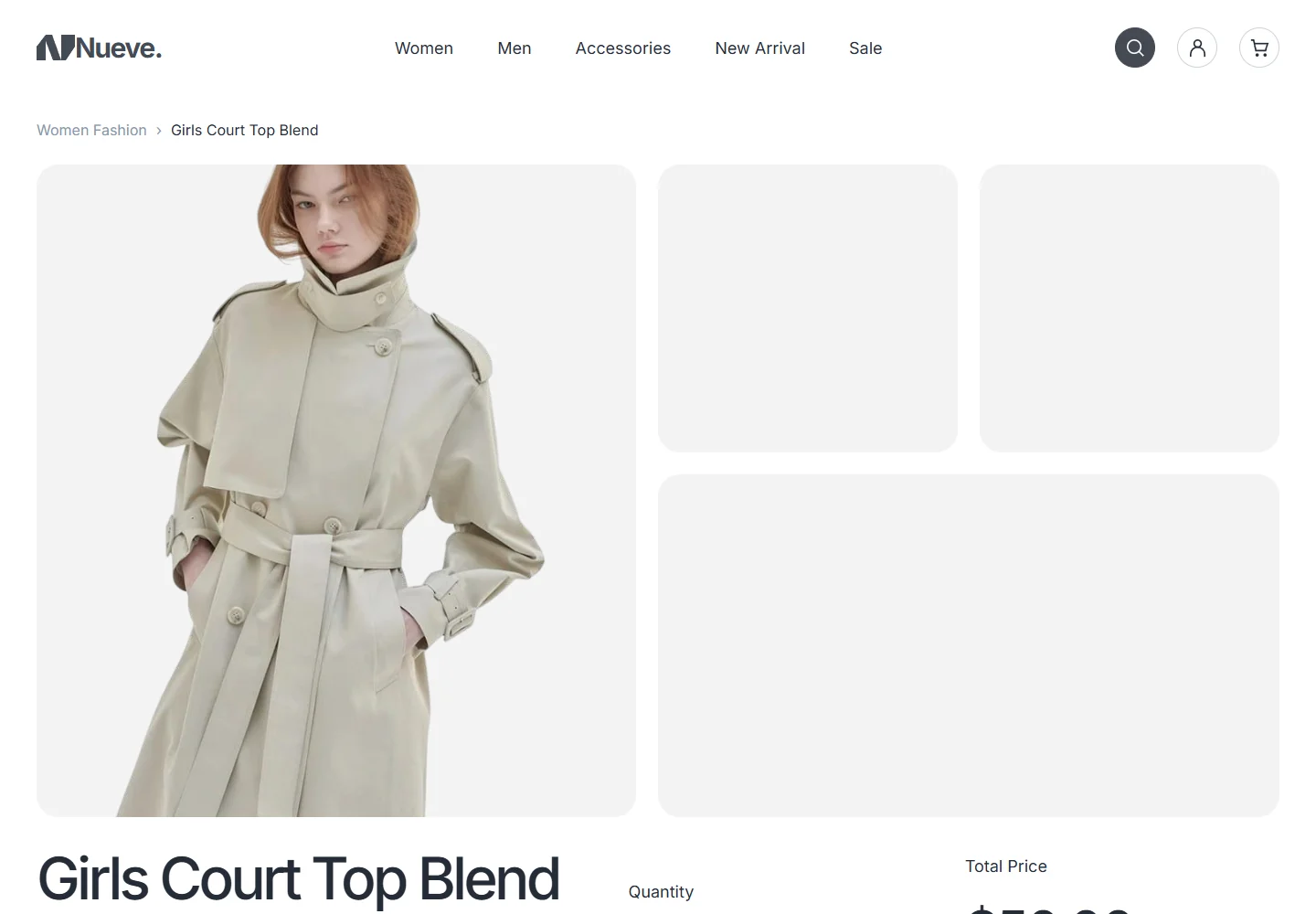 Nueve product detail page with image gallery, size and color selectors