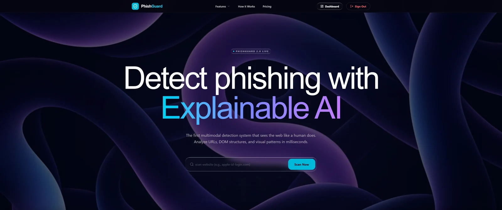Phishing detection platform homepage introducing explainable AI