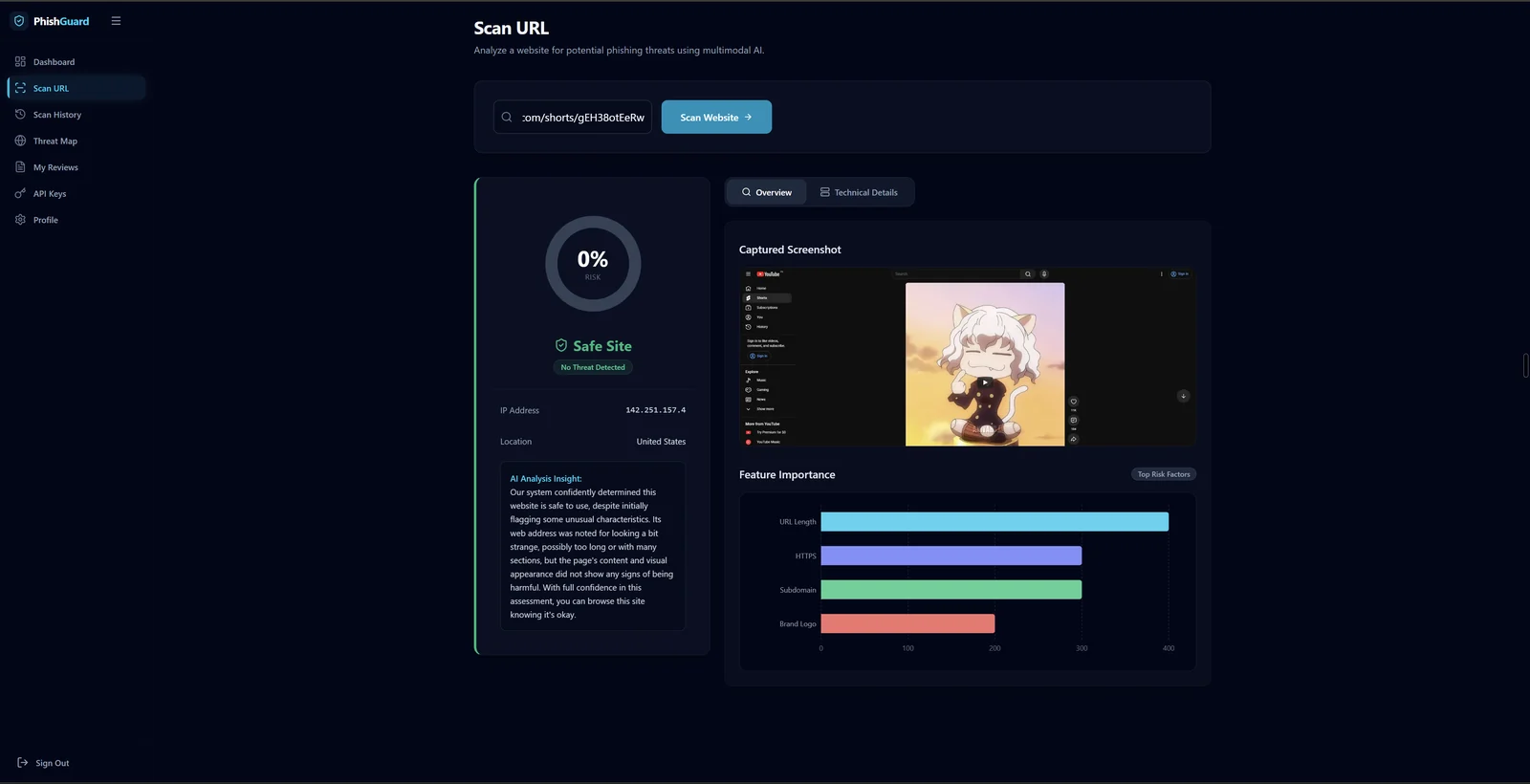 URL analysis screen with a scan result and classification indicators