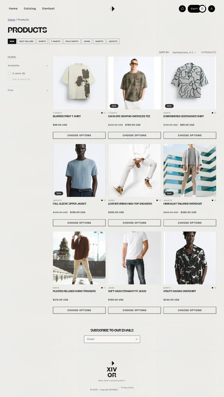 XIV product grid and storefront content in a narrow layout